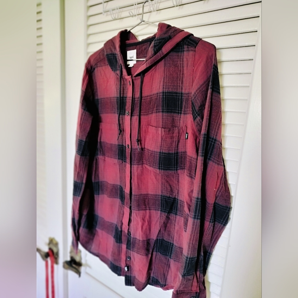 VANS 100% Cotton Hooded Plaid Shirt Burgundy Size L